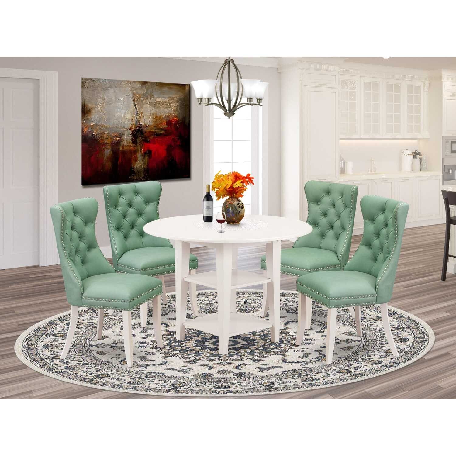5-Piece Linen White Finish Solid Wood Top - Round Upholstered Dining Room Set - Seats 4