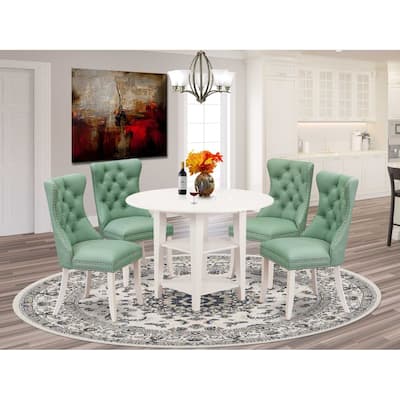 5-Piece Linen White Finish Solid Wood Top - Round Upholstered Dining Room Set - Seats 4