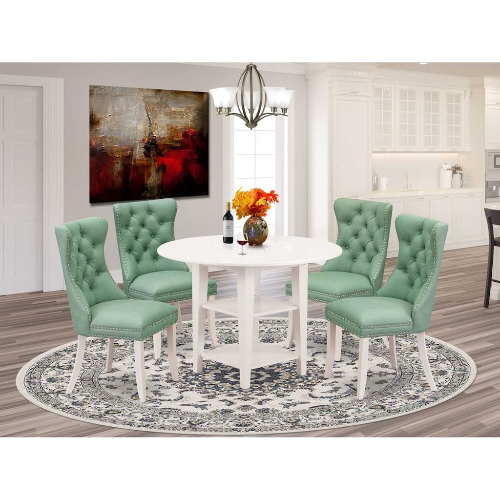 5-Piece Linen White Finish Solid Wood Top - Round Upholstered Dining Room Set - Seats 4
