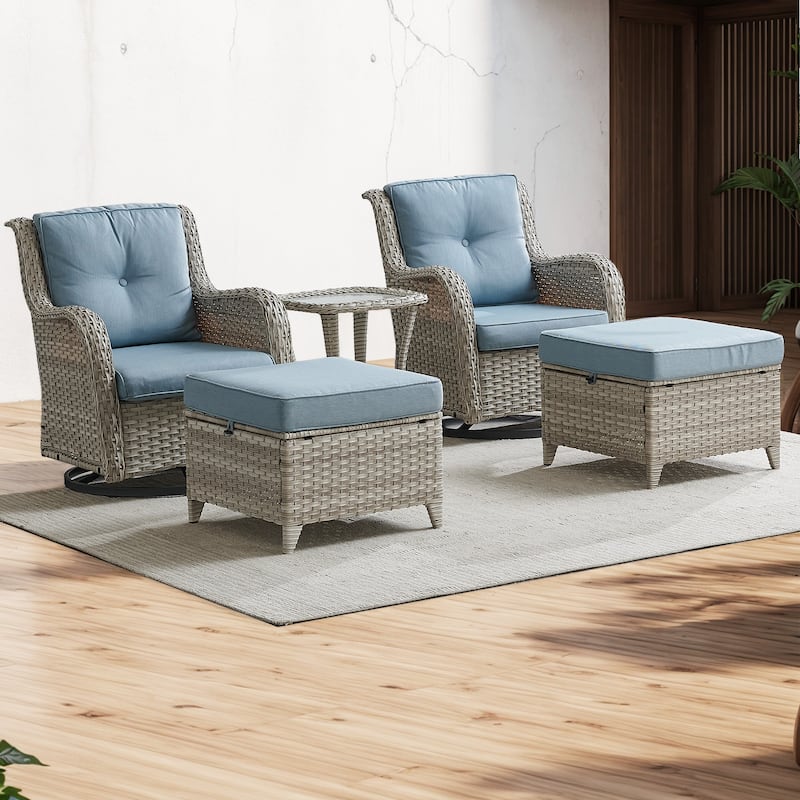 Pocassy 5-Piece Outdoor Furniture Set, Swivel chairs with Ottomans - Light Grey/Baby Blue
