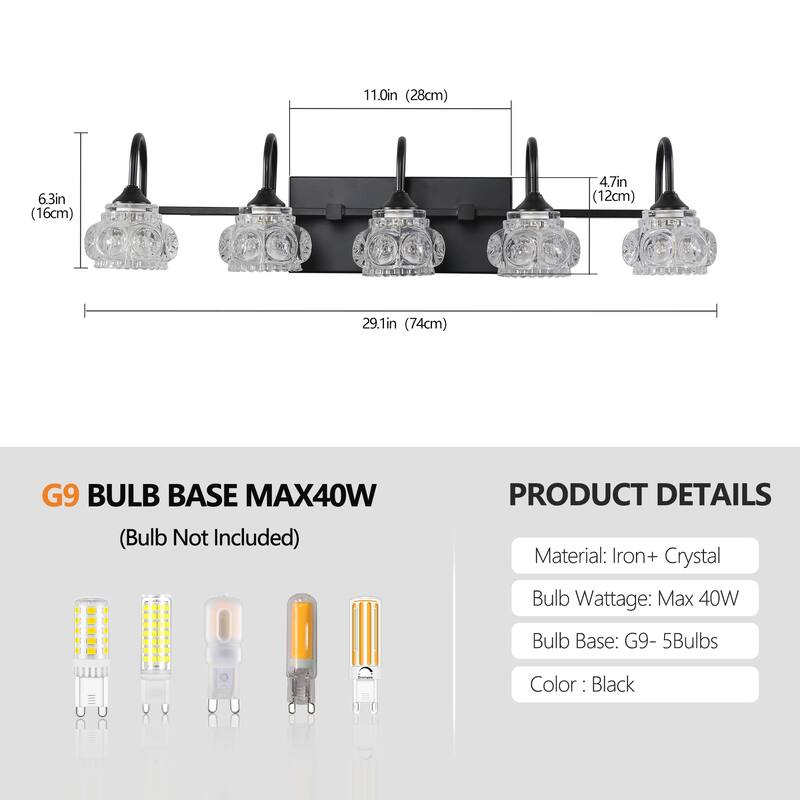 29" Nickel Finish Vintage Crystal Vanity Light - Elegant 5-Light Bathroom Mirror Fixture with Clear Glass Shades (No Bulbs)