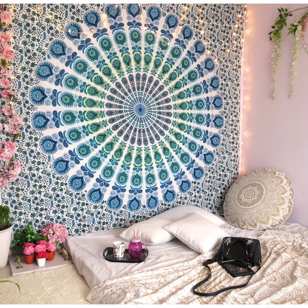 Indian Peacock Tapestry Wall Hanging Mandala Hippie Bedspread Throw Cover Decor 