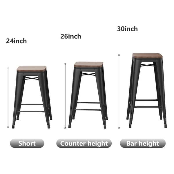 dimension image slide 2 of 7, Bar Stools Set of 4 Stackable Metal Bar Stools Industrial Counter Height Stools Backless Barstools with Wooden Seats