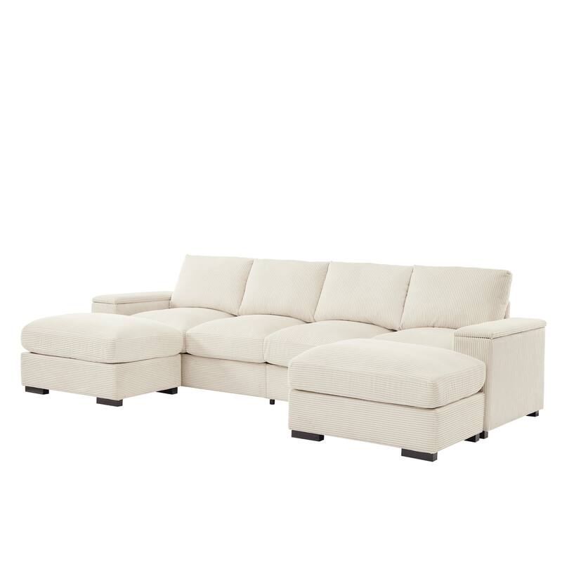 U-shaped corduroy sofa with removable footstool and storage armrests