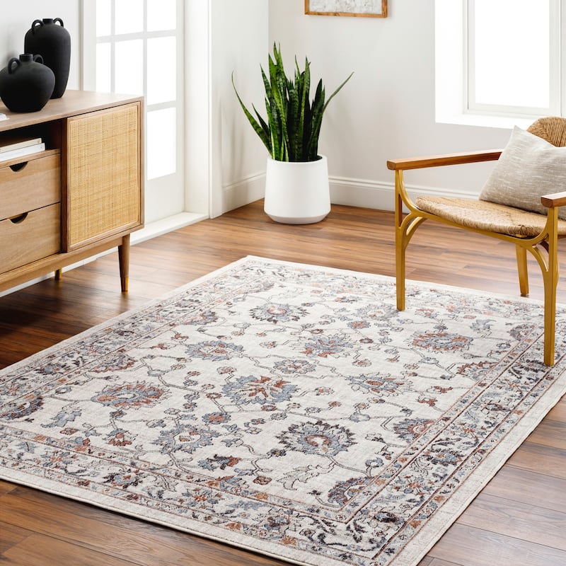 Livabliss Juliet Classic Floral Recycled Outdoor Safe Area Rug - 6'7" x 9' - Light Grey