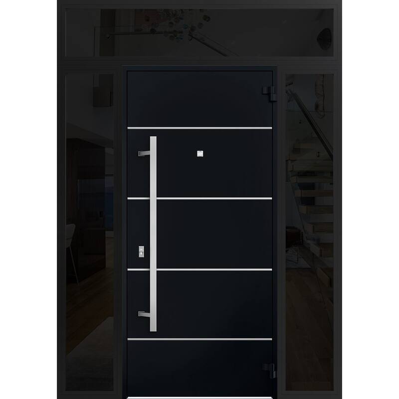 Front Prehung Steel Door 6083 Black Enamel Top Window Sidelite Stainless Inserts W36xH80+16 Lh I Bedroom Door Bathroom Door