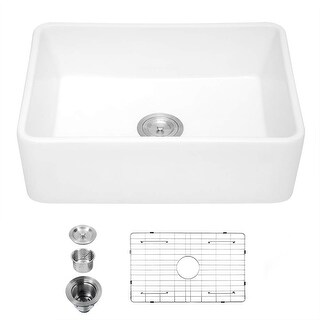 Proox 30 in. Single Bowl Front Apron Kitchen Fireclay Sink with Protective Bottom Grid and Strainer in White