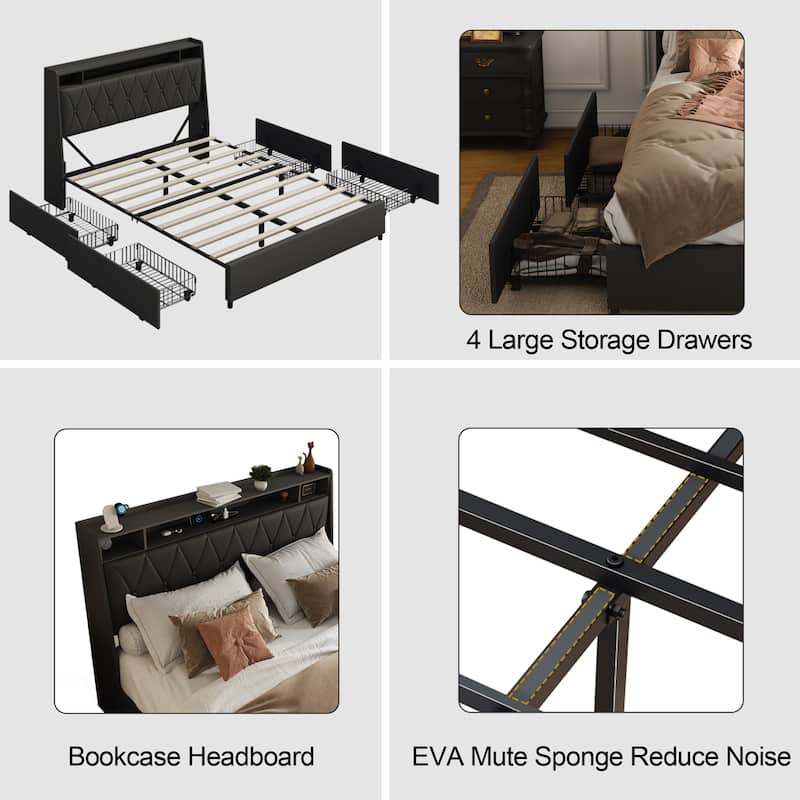 Ergonomic Upholstered Platform Bed with Drawers and Charging Station