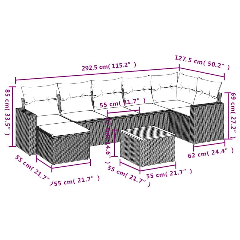 vidaXL Patio Sofa Set with Cushions Outdoor Furniture 8 Piece Poly Rattan