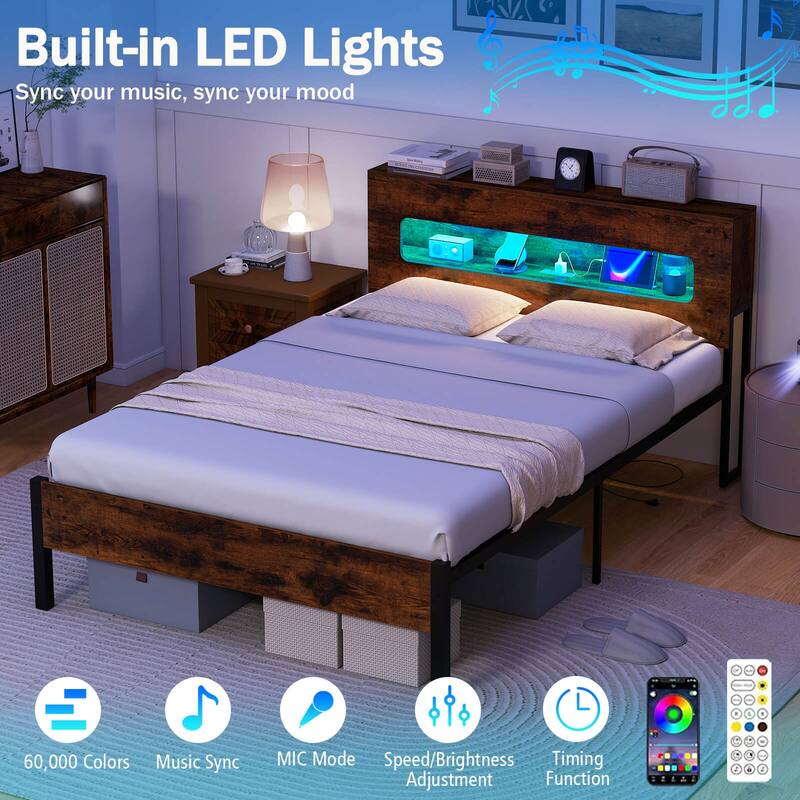 Costway Full Bed Frame with LED Lights Storage Headboard Power Outlets