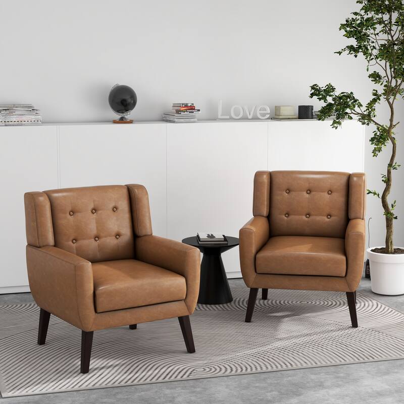 2 Set Modern Tufted Linen Upholstered Accent Chair Faux Leather Armchair