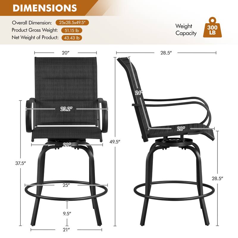 Yaheetech 2pcs Outdoor Swivel Bar Stools Patio Bistro Chairs with High Back and Armrest