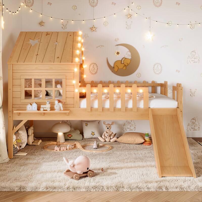 Twin Size House Loft Bed with Slide,Playhouse Bed with Star Moon-shaped Designs and Window, Chic Design with LED Lights