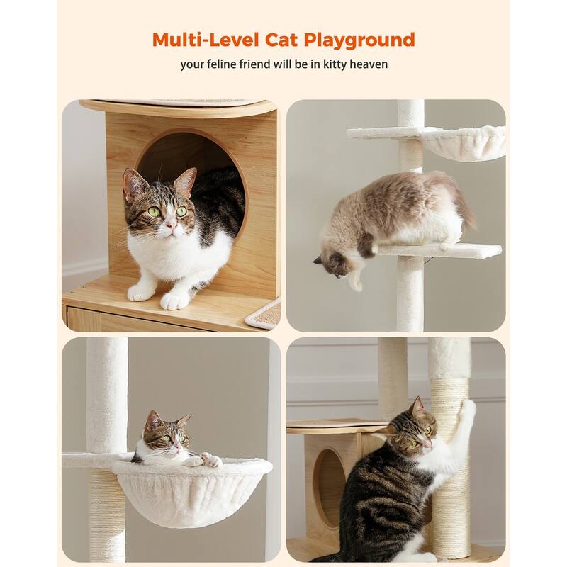 Adjustable Hright 6-Tiers Floor to Ceiling Cat Tree with Litter Box