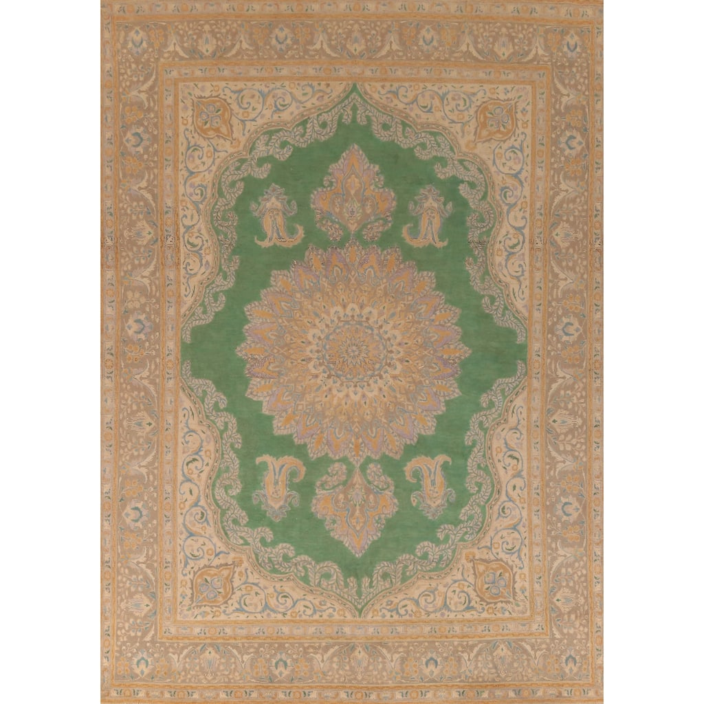 Hand Knotted Oriental 100% Wool Carpet Traditional Medallion Green Tabriz Area Rug - 12' 7'' X 9' 8''