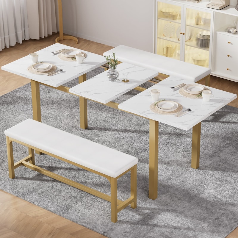 VECELO 3-Piece Extendable 63" Dining Table Set with 2 PU Leather Benches for 4-8 Dining Room Detachable 6-Pocket Storage Bag