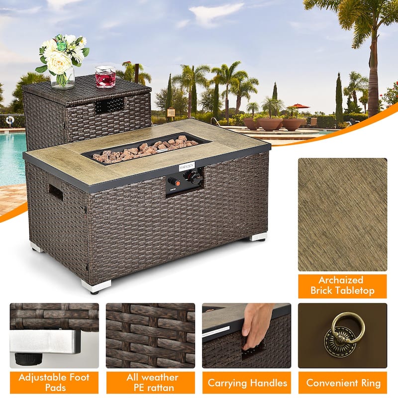 32''x 20'' Propane Rattan Fire Pit Table Set w/ Side Table Tank Cover