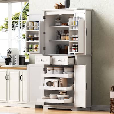 71"Tall Kitchen Pantry Cabinet with 3 Pull Out Cabinet Organizers,Embossed Texture Storage Cabinet with 6 Door Shelves,2 Drawers