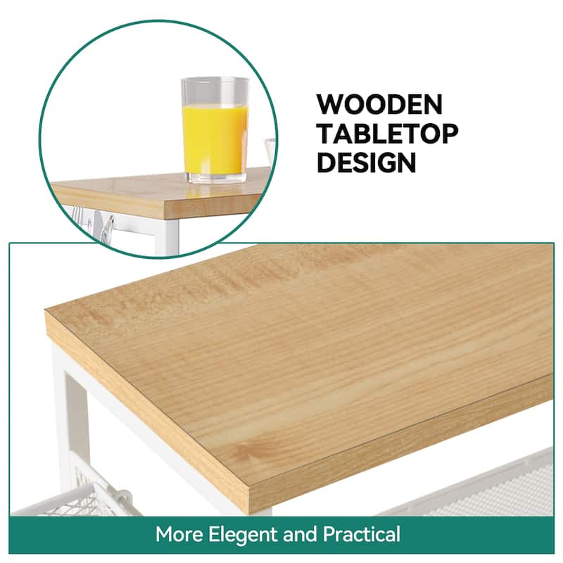 Moasis Wood Rolling Kitchen Cart with Wooden Tabletop and Mesh Baskets