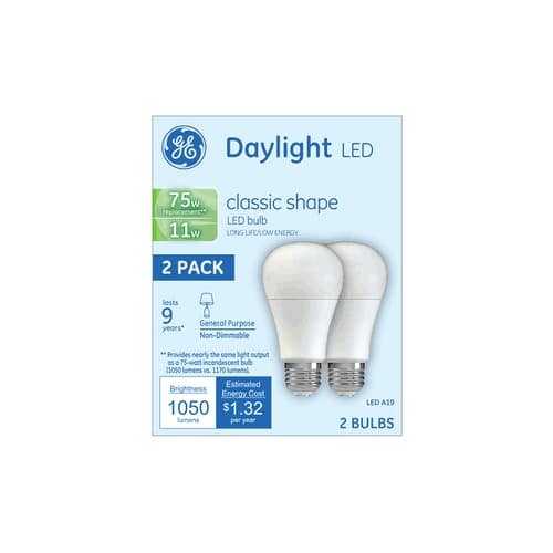 GE 21173 LED A19 Classic Shape Daylight Light Bulb, 11 Watts, 1050