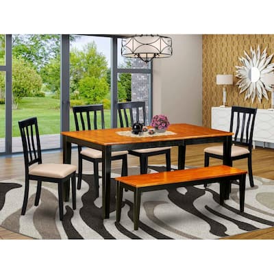 Nordic Dining Set - 6 Piece Kitchen Table & Chair Set - Black Cherry Finish - Rectangle Table with Bench