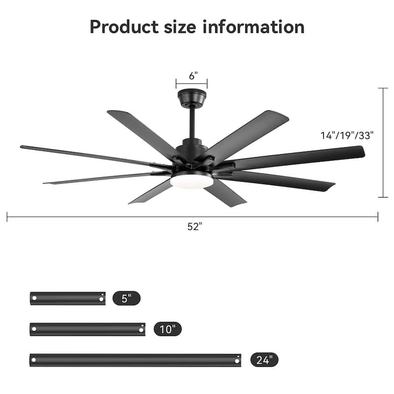 52" Ceiling Fan with Light - 6 Speeds, 8 ABS Blades, Voice Remote
