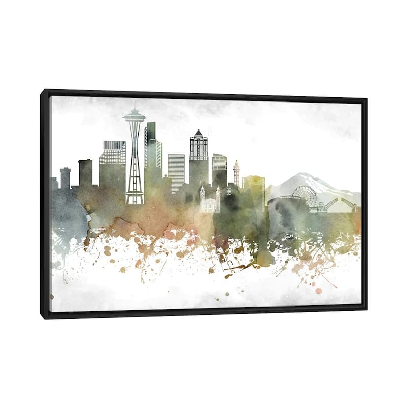 iCanvas "Seattle Skyline" by WallDecorAddict Framed Canvas Print - Black - 32x48