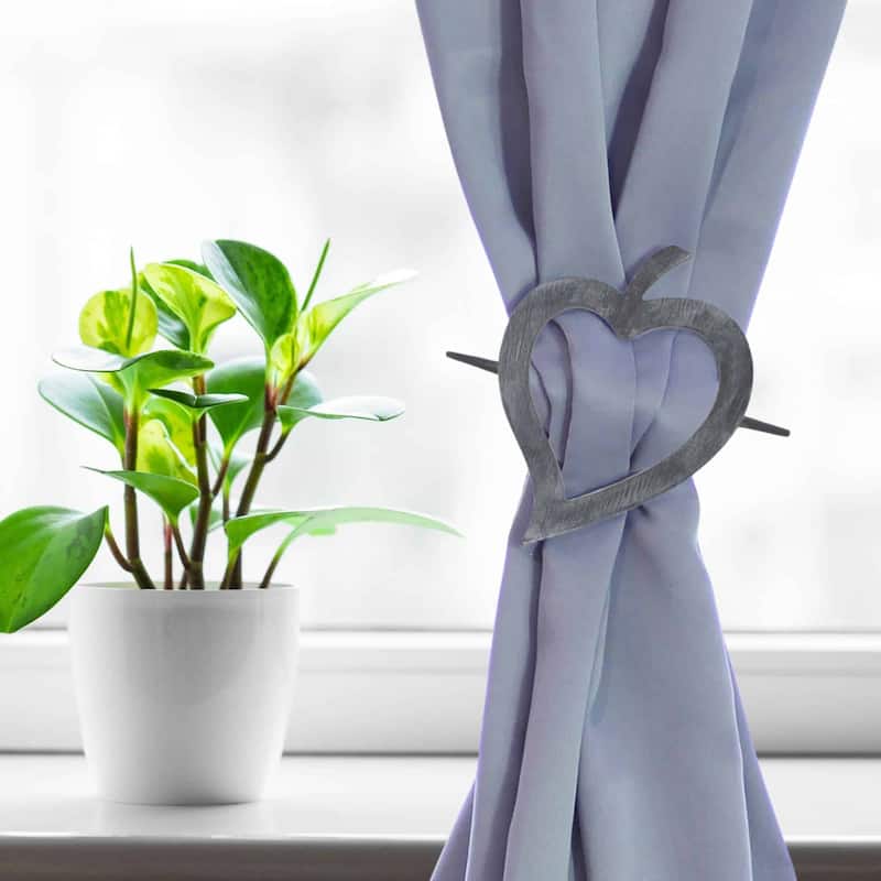 Set of 2 Wooden Heart Tieback Fjord Big Size - 8"L x 5.7"W x 0.8"D - Washed Grey