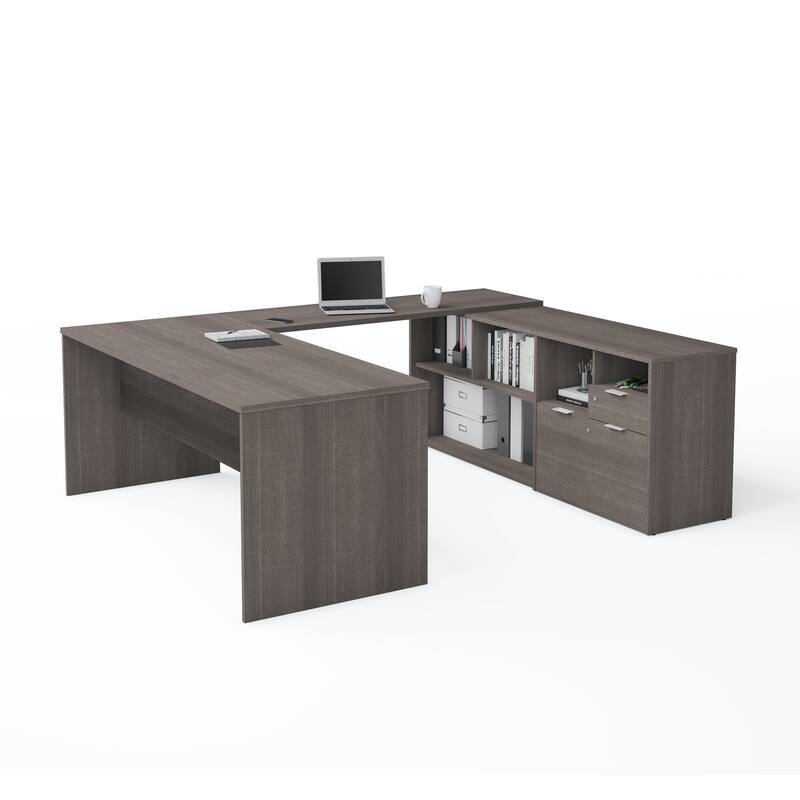 Bestar i3 Plus U-Desk with Two Drawers - Bark Gray