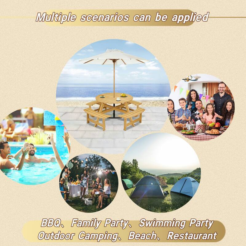 8-Person Outdoor Round Picnic Table Set with 4 Built-in Benches & Umbrella Hole
