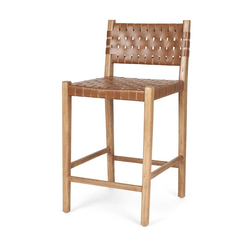 HomeRoots 26" Brown and Natural Leather and Solid Wood Low Back Counter Height Bar Chair