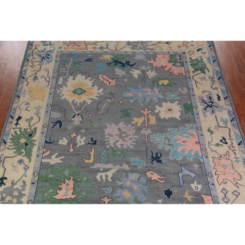 Gray Floral Oushak Indian Large Rug Handmade Wool Carpet - 11'9" x 14'11"