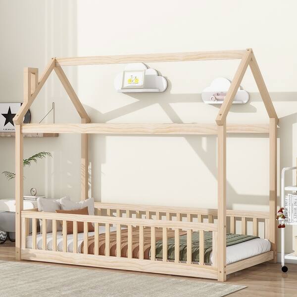 slide 2 of 27, Twin Size House Bed with Guard Rails, Solid Wood Slats for Kids, Teens Natural