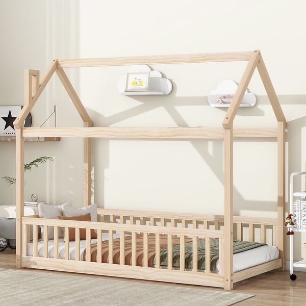 slide 2 of 9, Twin Size Pine Wood House Bed Frame with Guardrails & Slats, Natural Natural - Twin