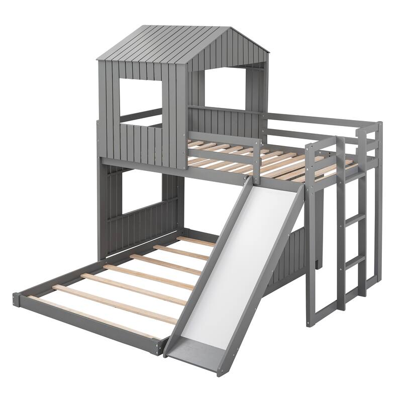 Twin Over Twin Loft Bunk Bed Playhouse Bedframe with Slide and Roof