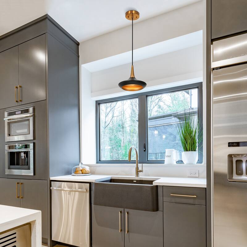 Conia Modern 1-Light Black Gold Cone Pendant Light for Kitchen Island - 9" D x 8.3" H