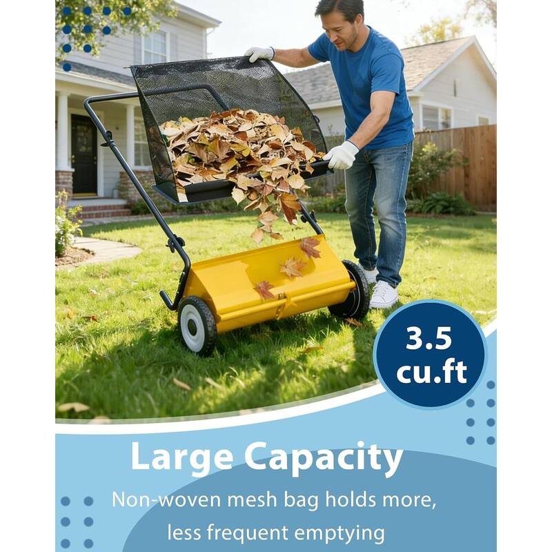 21-Inch Push Lawn Sweeper 35 cu. ft. Capacity Adjustable Height for Grass Leaves and Debris