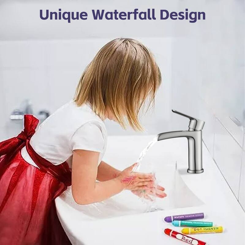 Waterfall Bathroom Faucet Single Handle Bathroom Sink Faucets 1 or 3 Hole Solid Vanity Faucet with Deck Plate & Overflow Pop
