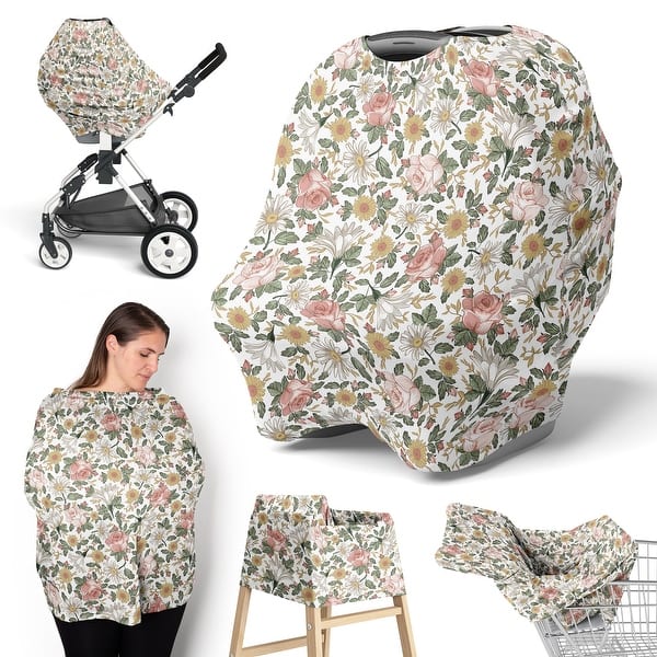 slide 2 of 6, Sweet Jojo Designs Vintage Floral Boho Girl 5 in 1 Baby Car Seat Nursing Cover Pink Yellow Green Bohemian Shabby Chic Farmhouse