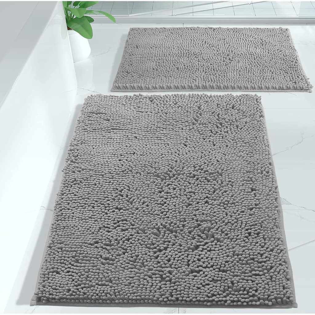 Large 2 Piece Set Dark Grey Soft Cozy Plush Chenille Bath Mat Bathroom Rug