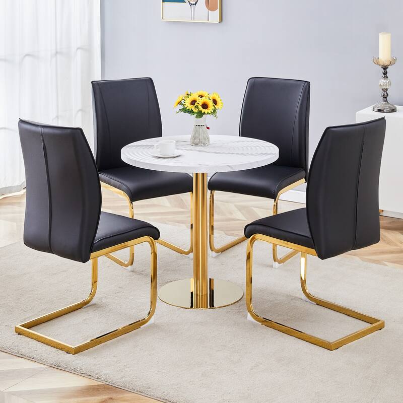 Modern 5-Piece Dining Set with White Marble Pattern Table and 4 PU Upholstered Chairs - Perfect for Small Spaces - Black