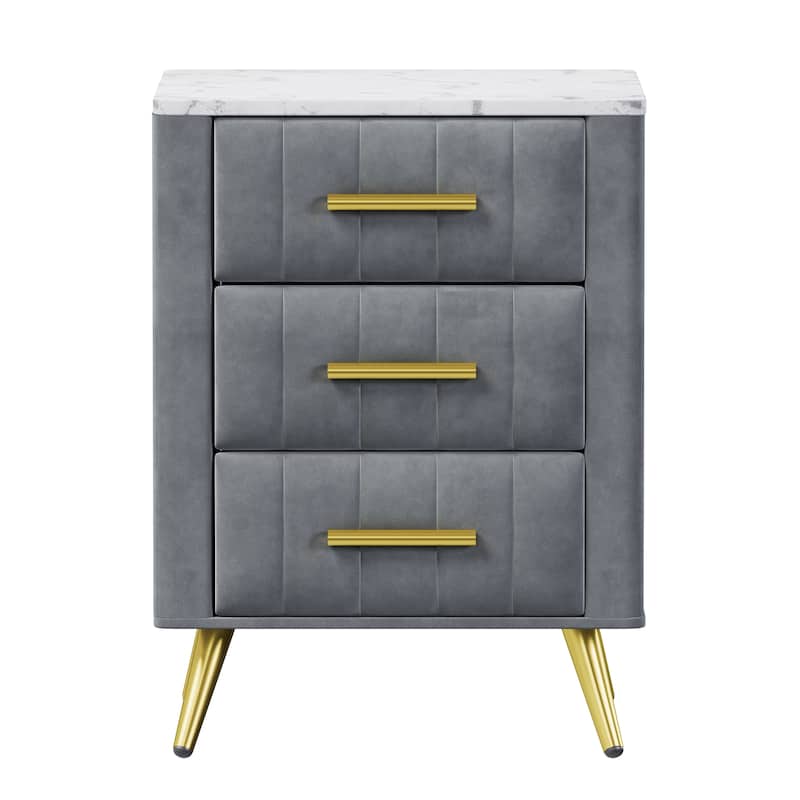 Velvet Nightstand with Storage, Round /Square Bedside Table with 3 Drawers, Metal Handles,Marbling Stickers Top