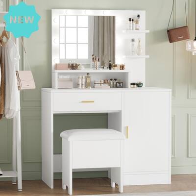 Vanity Desk with Mirror and 9 LED Lights,Drawers, Shelves, Cabinet, Stool