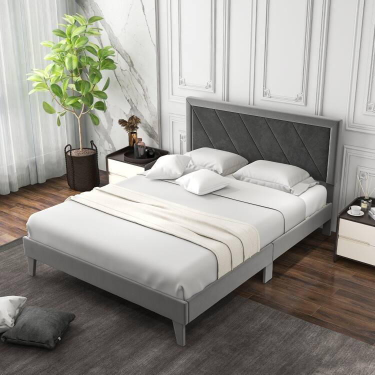 Twin/Full/Queen Platform Bed with High Headboard and Wooden Slats