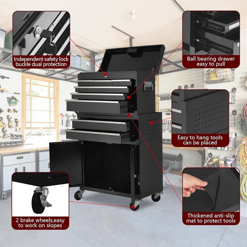 8-Drawer Rolling Tool Chest with Wheels for Workshop Garage - N/A