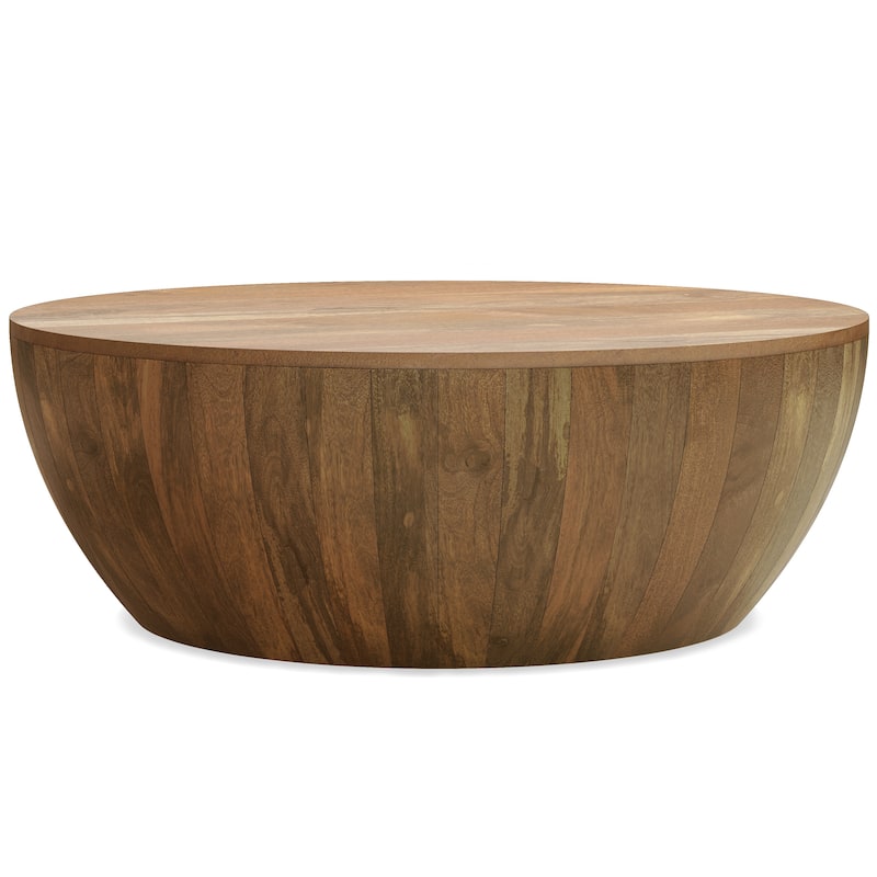 WYNDENHALL Keystone 34 inch Wide Solid Mango Modern Industrial Drum Coffee Table & Assembled - 34"d x 34" w x 12"h