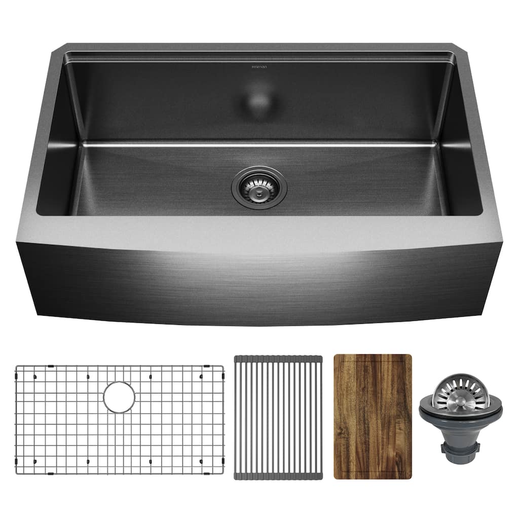 Karran Elite 33" Apron Front Workstation 16 Gauge Single Bowl Stainless Steel Kitchen Sink in Gunmetal Black