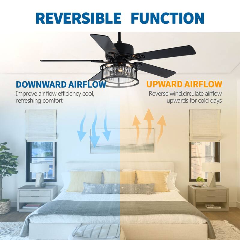 Chichoice 52" Modern Mute Black Crystal Ceiling Fan with Lights and Remote, 6 Speeds DC Motor Reversible Chandelier Ceiling Fan