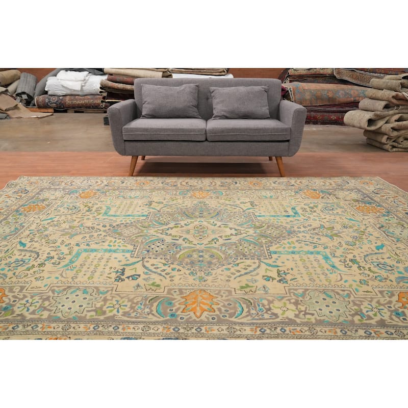 Hand Knotted Oriental 100% Wool Carpet Traditional Floral Beige & Ivories Tabriz Area Rug - 10' 5'' X 7' 5''