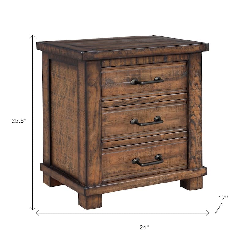 HomeRoots 26" Walnut Wood Distressed Three Drawer Nightstand